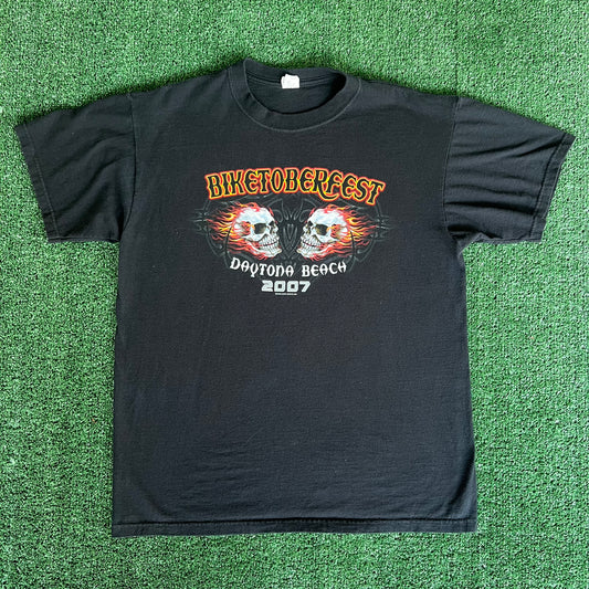 2007 Biketoberfest Tribal Flaming Skull Faded Black T-Shirt - Large