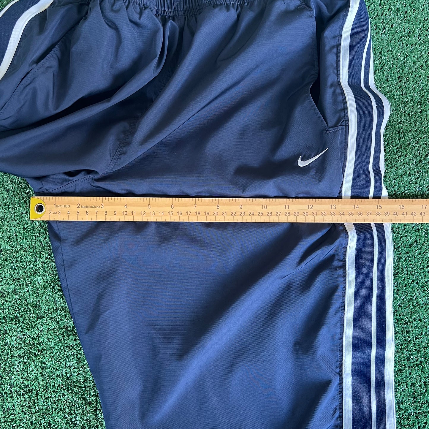 Y2K Nike Baggy Tear Away Basketball WarmUp Navy Blue Side Stripe Pants - Large