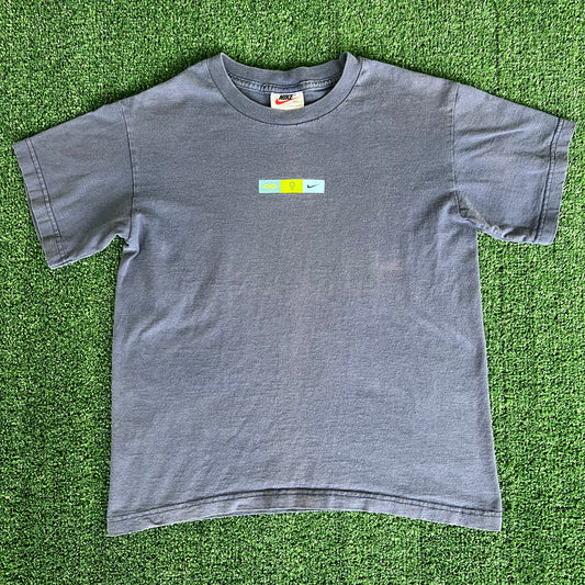 Women's 90s Nike White Tag Infinity Sex Symbol Swoosh Blue T-Shirt - Medium 18.25x22.25"