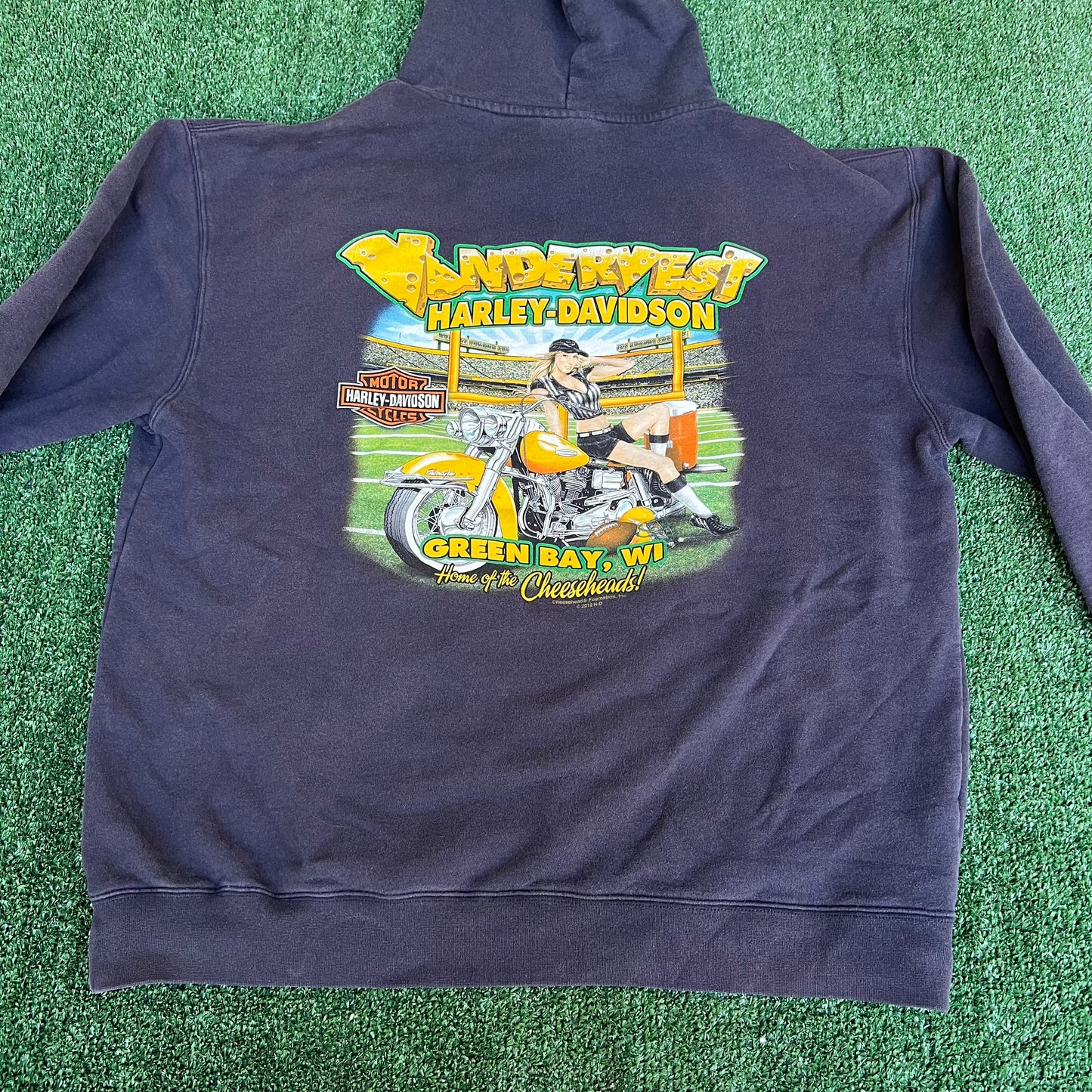 Men's Harley Davidson Heavyweight Faded Navy Navy Blue Neon Green Bay Hoodie - XL
