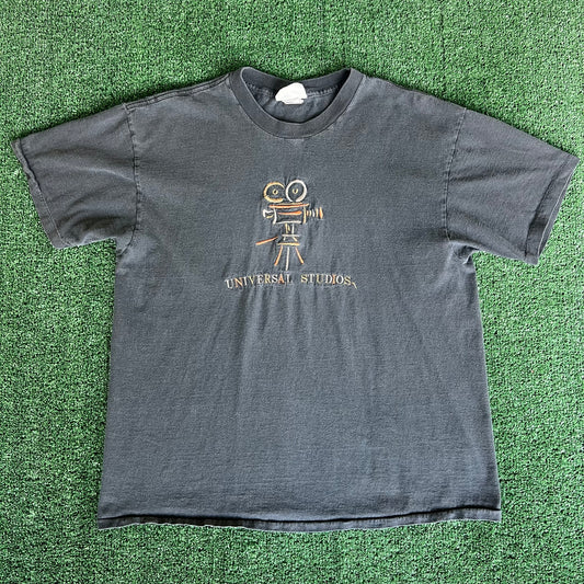 90s Universal Studios Embroidered Spellout Camera Faded Black T-Shirt - XL
