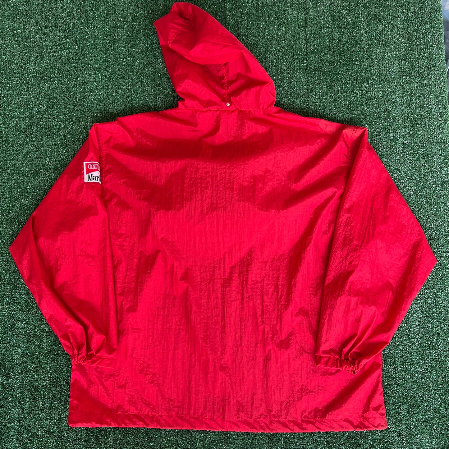 90s Marlboro Cigarettes Packable Red Hooded Windbreaker Jacket - Large