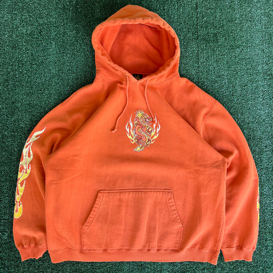 Y2K Year of The Dragon Tribal Flame Skate Distressed Faded Orange Hoodie - XL