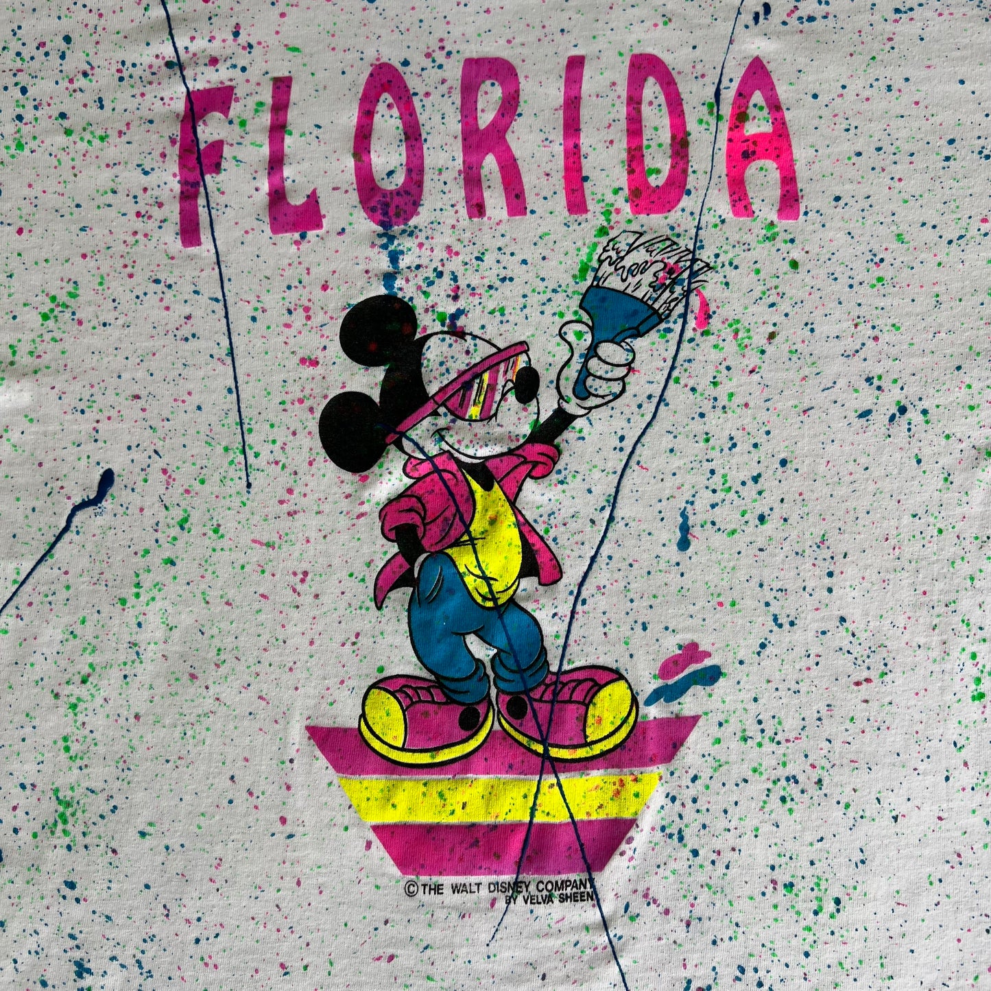 80s Velva Sheen Florida Mickey Mouse Paint Splatter White T-Shirt - Large