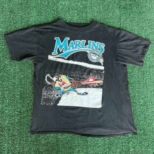 90s MLB Florida Marlins Looney Tunes Taz Faded Black T-Shirt - Large