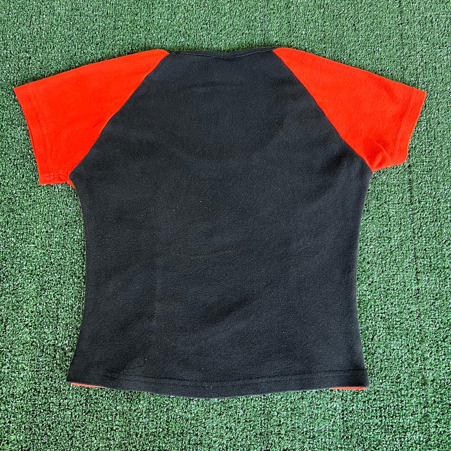 Women's Y2K Biker Design Tribal Flame Eagle Rhinestones Orange Black Scoop Neck T-Shirt - Medium