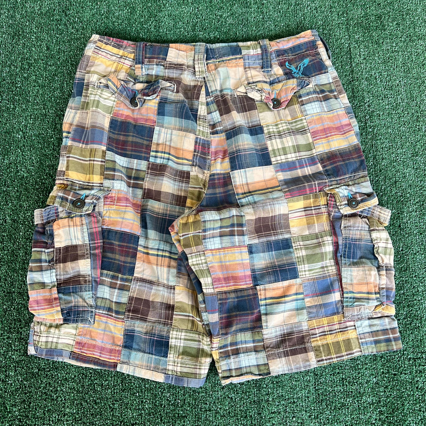 Y2K American Eagle Plaid Patchwork Baggy Cargo Shorts - 36x12"