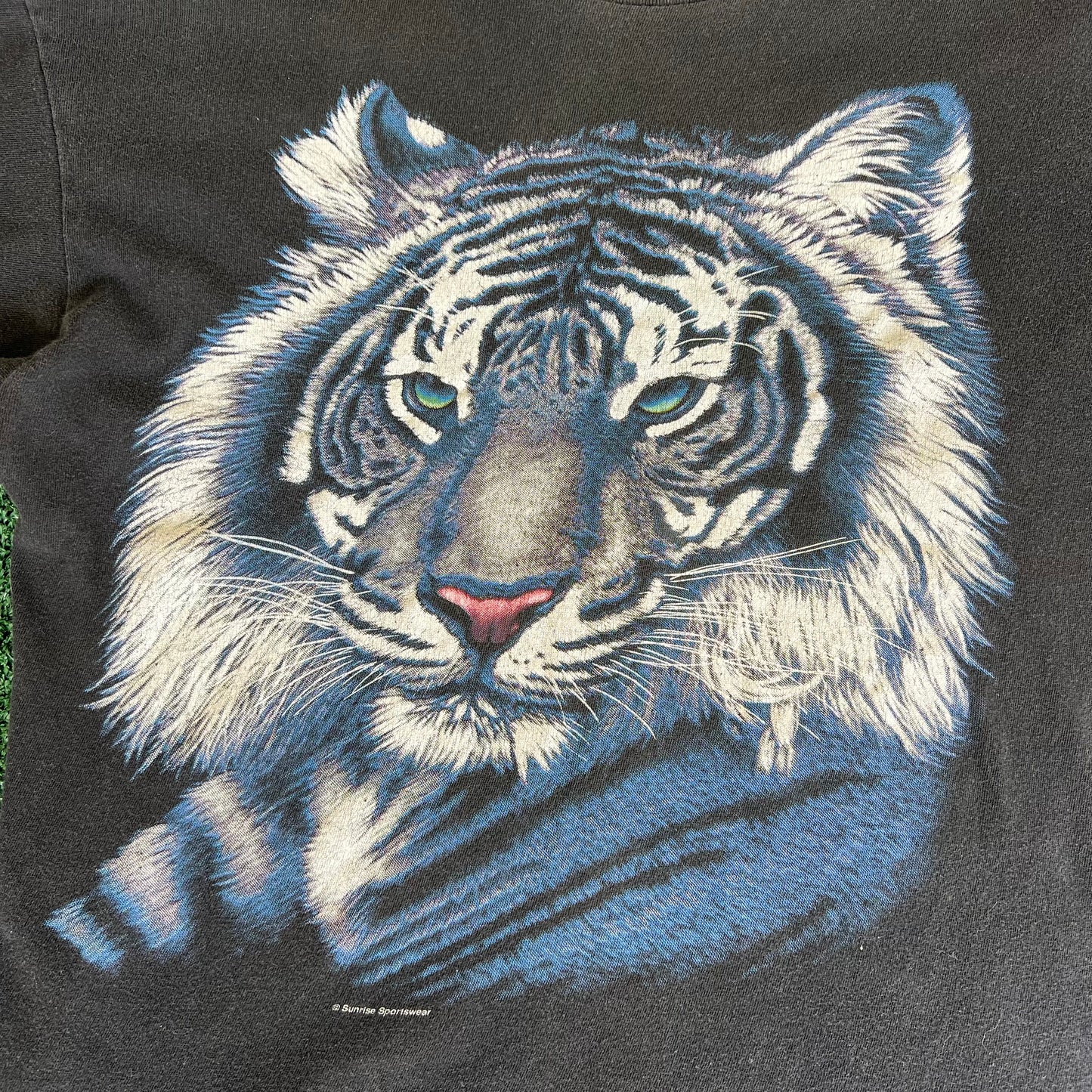 90s White Tiger Distressed Faded Black Boxy Single Stitch T-Shirt - Large