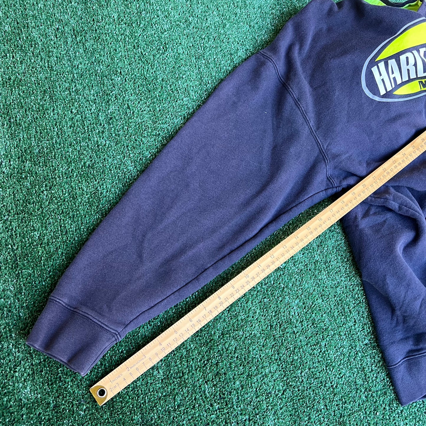 Men's Harley Davidson Heavyweight Faded Navy Navy Blue Neon Green Bay Hoodie - XL