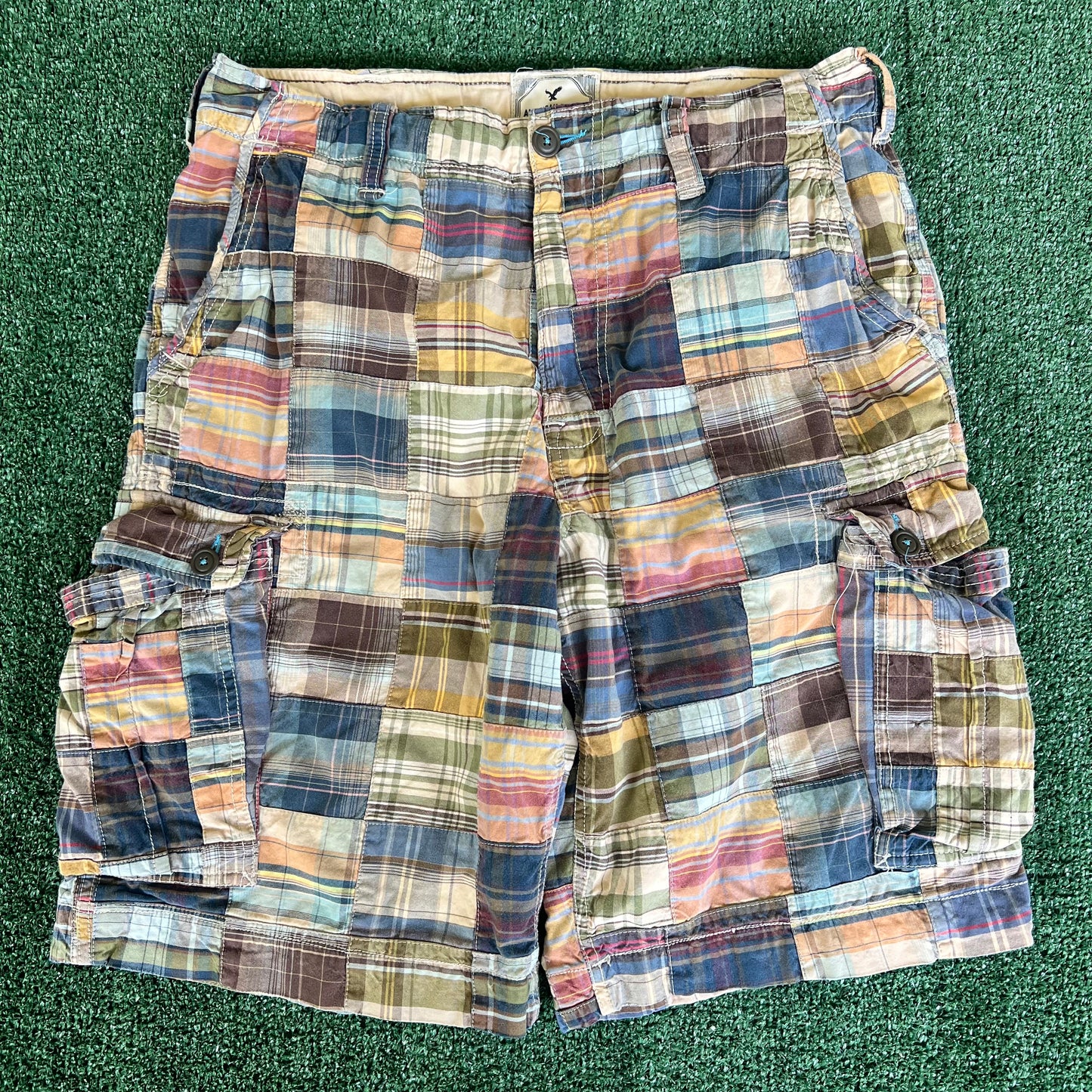 Y2K American Eagle Plaid Patchwork Baggy Cargo Shorts - 36x12"