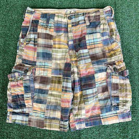 Y2K American Eagle Plaid Patchwork Baggy Cargo Shorts - 36x12"