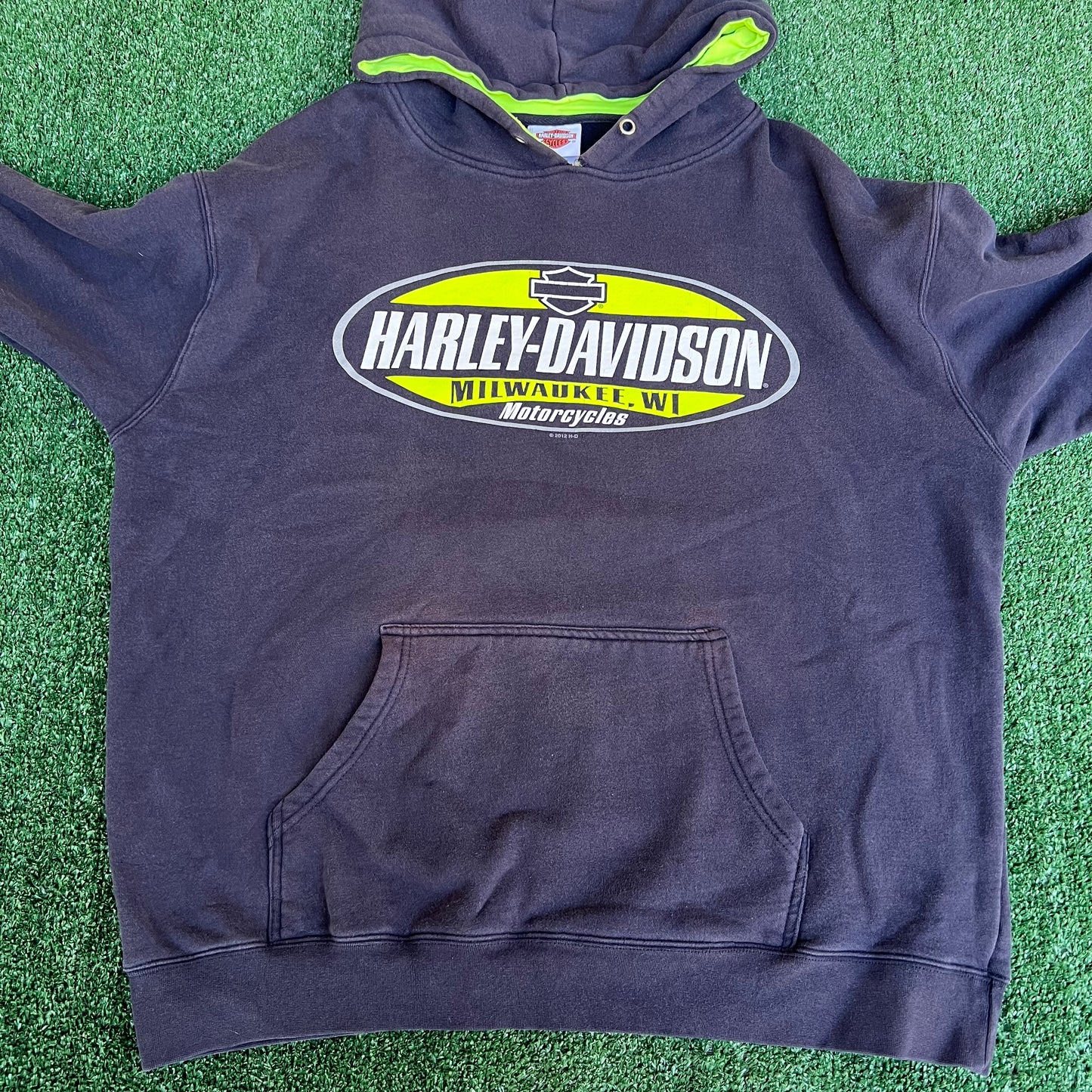 Men's Harley Davidson Heavyweight Faded Navy Navy Blue Neon Green Bay Hoodie - XL