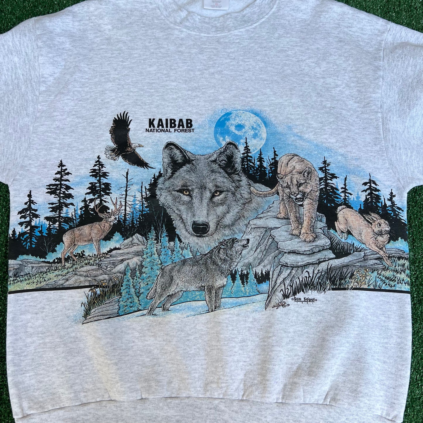 VTG 90s Men's Kaibab National Forest AZ Wolf Wrap Around Print Gray Sweatshirt - XL