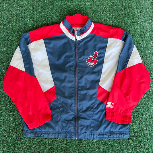 90s Starter MLB Cleveland Indians Navy Blue Zip-Up Windbeaker Jacket - Large