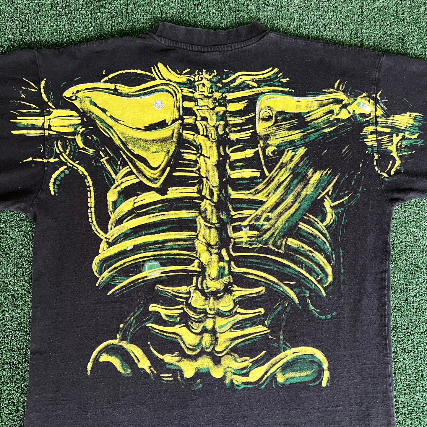 Y2K Liquid Blue Terminator Skull Black Neon Green Glow In The Dark AOP Faded Black T-Shirt - XL