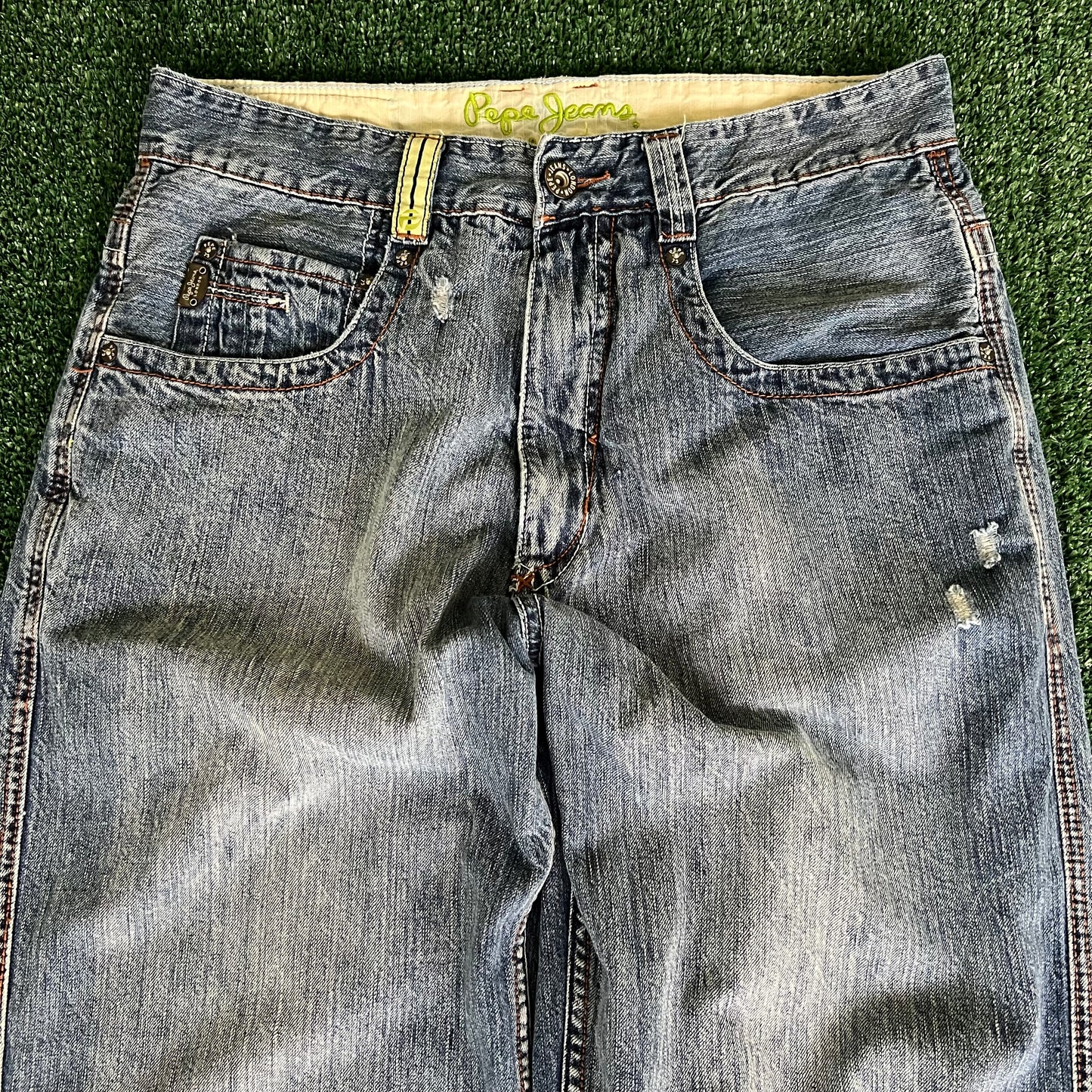 Y2K Pepe London Baggy Straight Medium Wash Blue Jeans Neon Green Embroidered - 35x31" 19.5" Openings