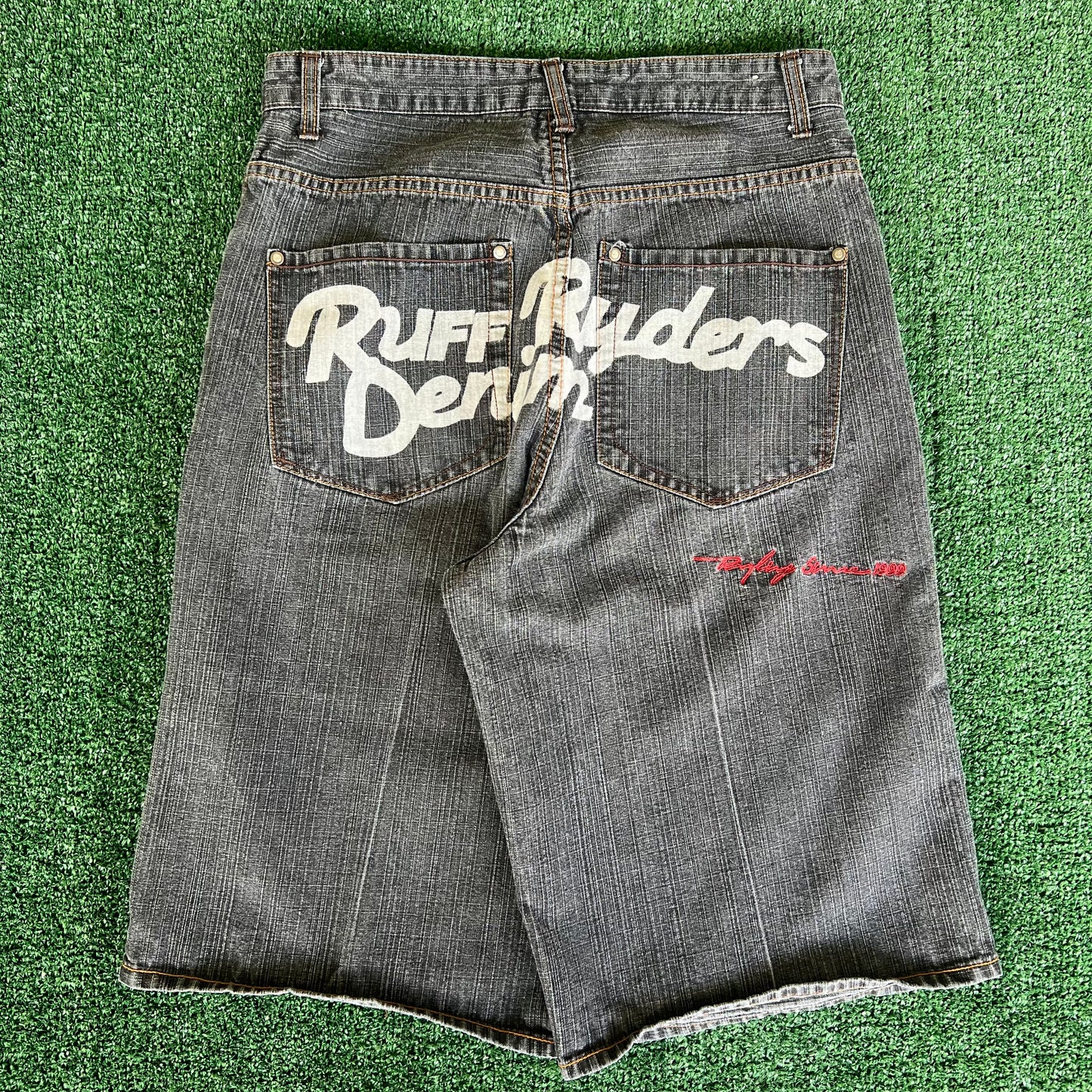 Y2K Ruff Ryders Denim Baggy Spellout Faded Black Jean Shorts - 33x14.25"