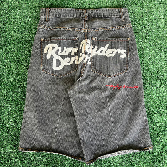 Y2K Ruff Ryders Denim Baggy Spellout Faded Black Jean Shorts - 33x14.25"