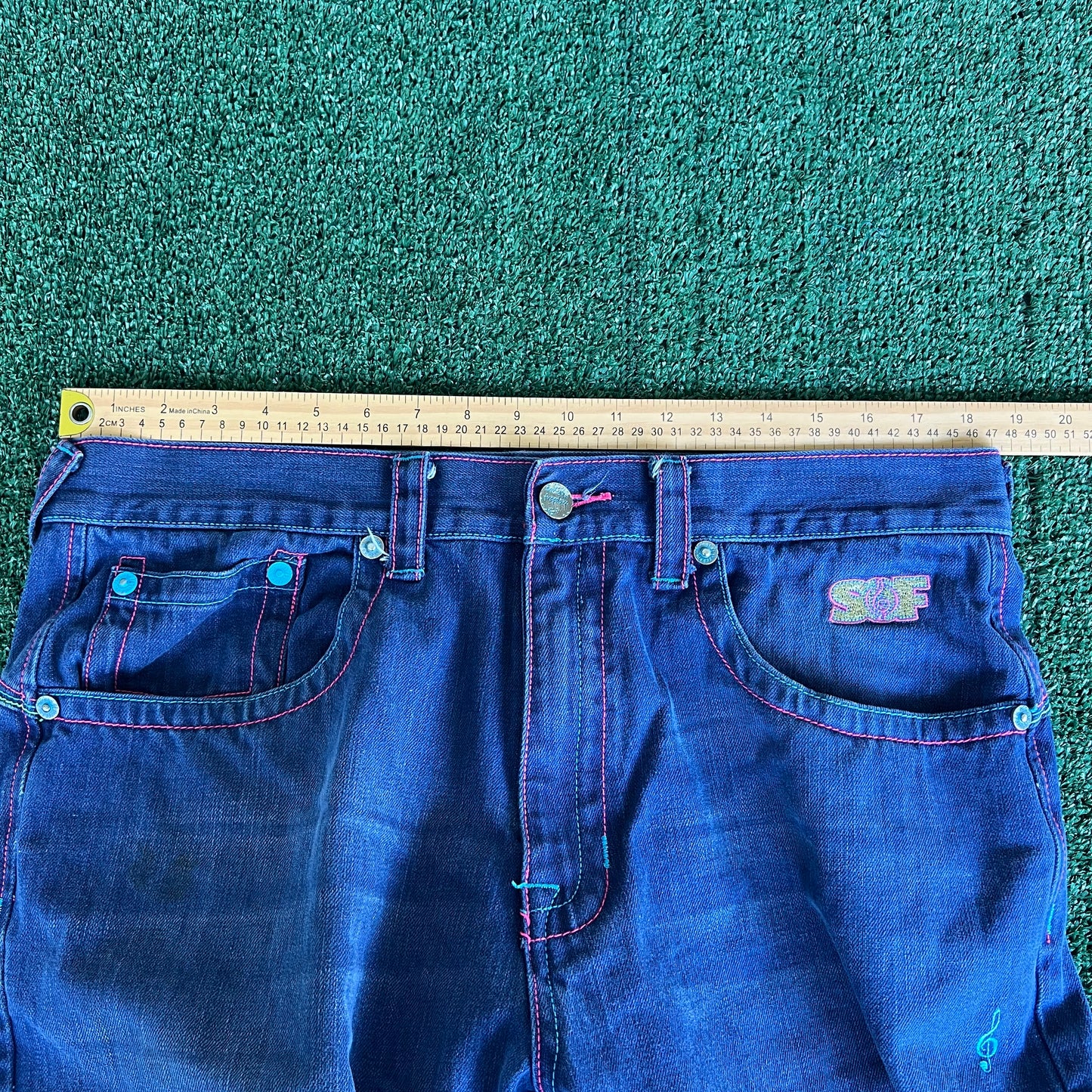 Y2K Songs Of Freedom Dark Blue Baggy Embroidered Jeans - 37x32" 20" Opening