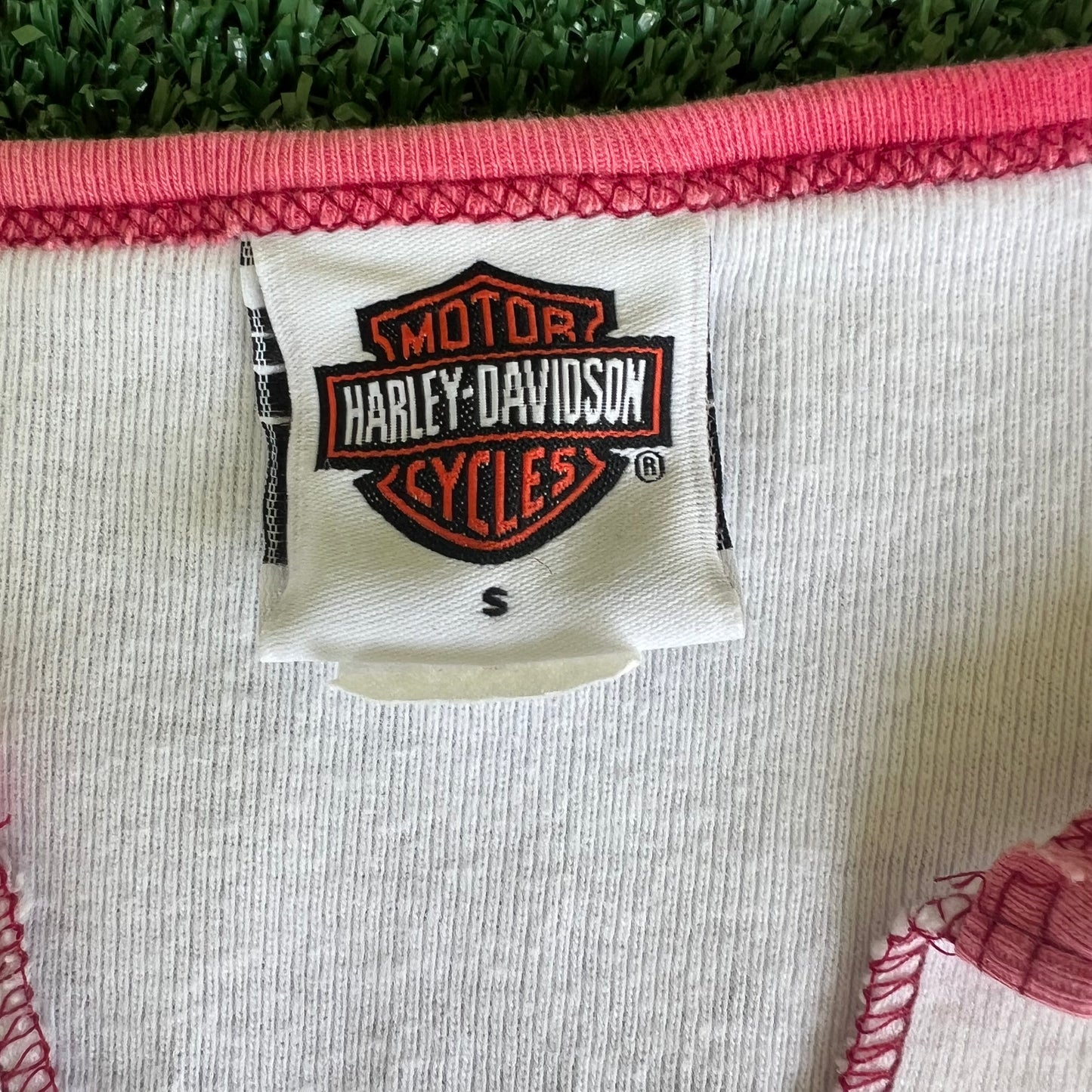 Women's Y2K Harley Davidson V-Neck White Dark Red Long Sleeve Shirt - Small