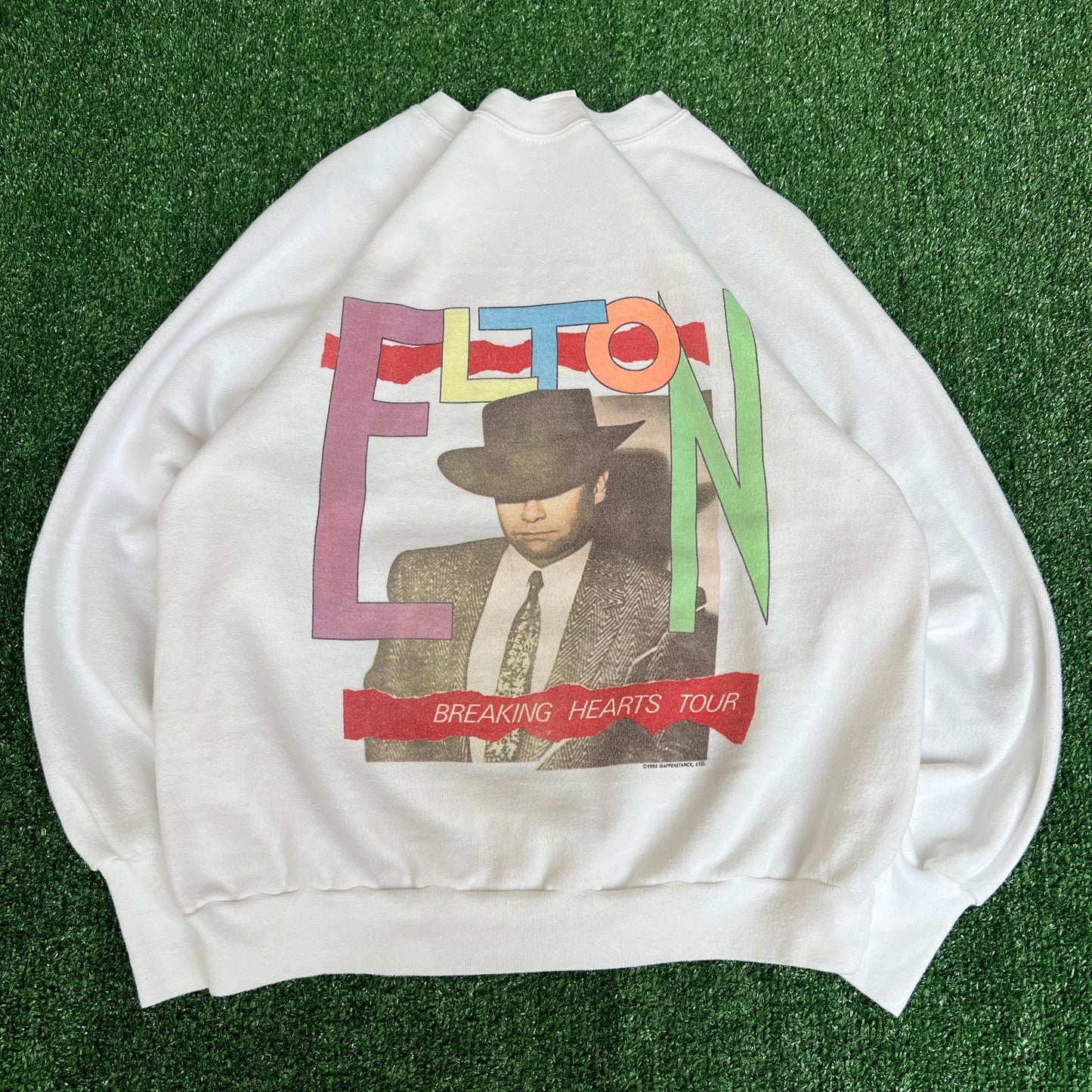 Vintage 1984 Men's Elton John Tour White Raglan Cut Crewneck Sweatshirt Small 20x24"