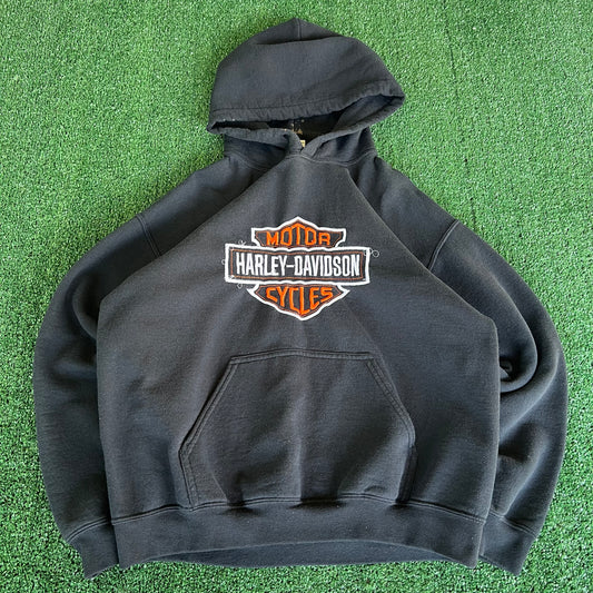 Y2K Men's Harley-Davidson Embroidered Logo Faded Black Hoodie - Medium