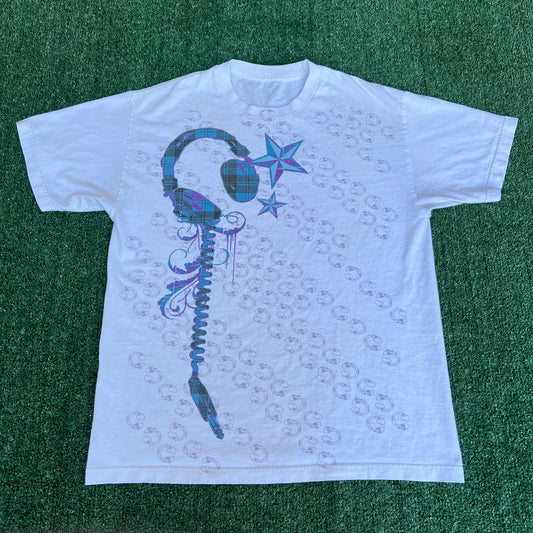 Vintage Y2K Men's Anchor Blue DJ Tribal Star Headphones White T-Shirt - Large