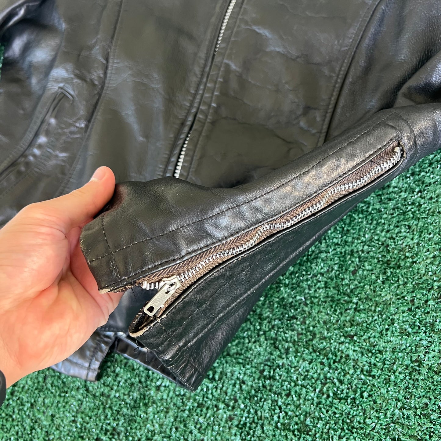 70s Mens 100% Genuine Thick Leather Black Motorcycle Jacket Medium 22x26