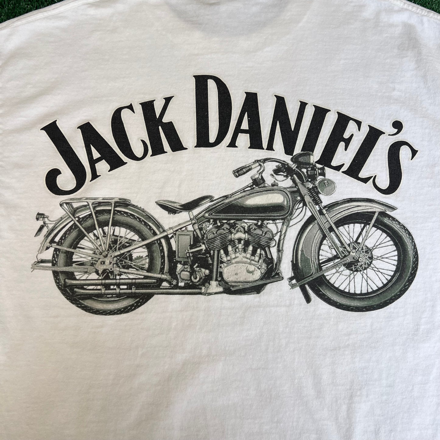 VTG Y2K Jack Daniels Whiskey Promo Center Logo Motorcycle White T-Shirt - Large
