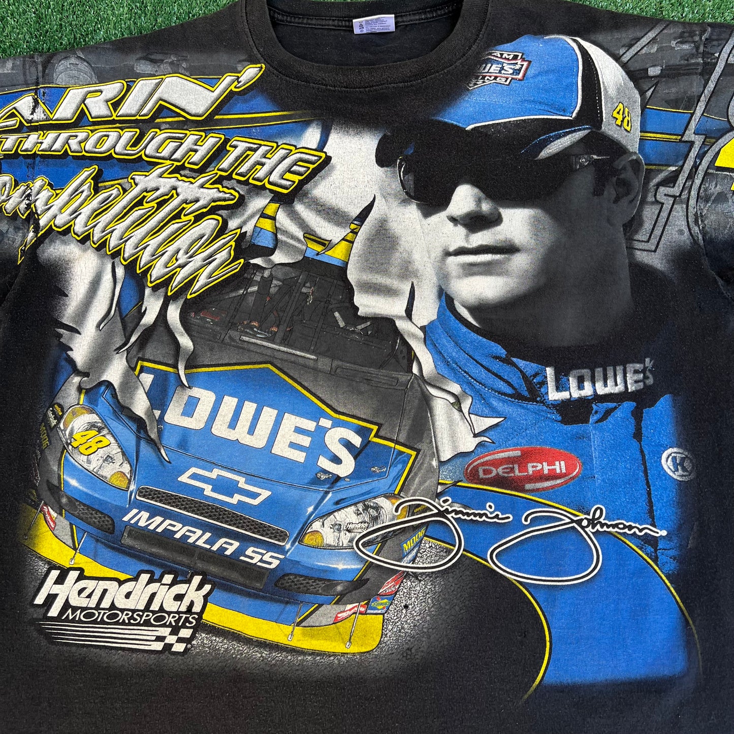 VTG Y2K Mens Chase Authentics Nascar Jimmie Johnson Faded Black AOP T-Shirt - 2XL