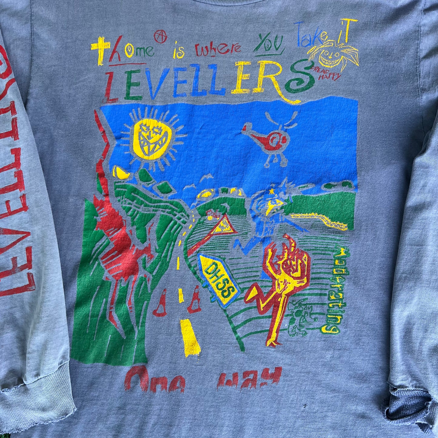 90s Levellers Anarcho-Punk Folk Rock Band Faded Purple Distressed Long Sleeve T-Shirt - Medium
