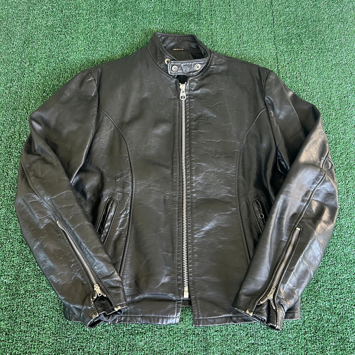 70s Mens 100% Genuine Thick Leather Black Motorcycle Jacket Medium 22x26