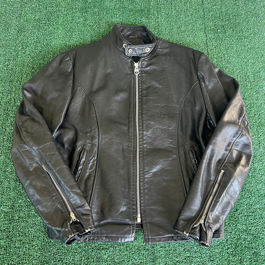 70s Mens 100% Genuine Thick Leather Black Motorcycle Jacket Medium 22x26