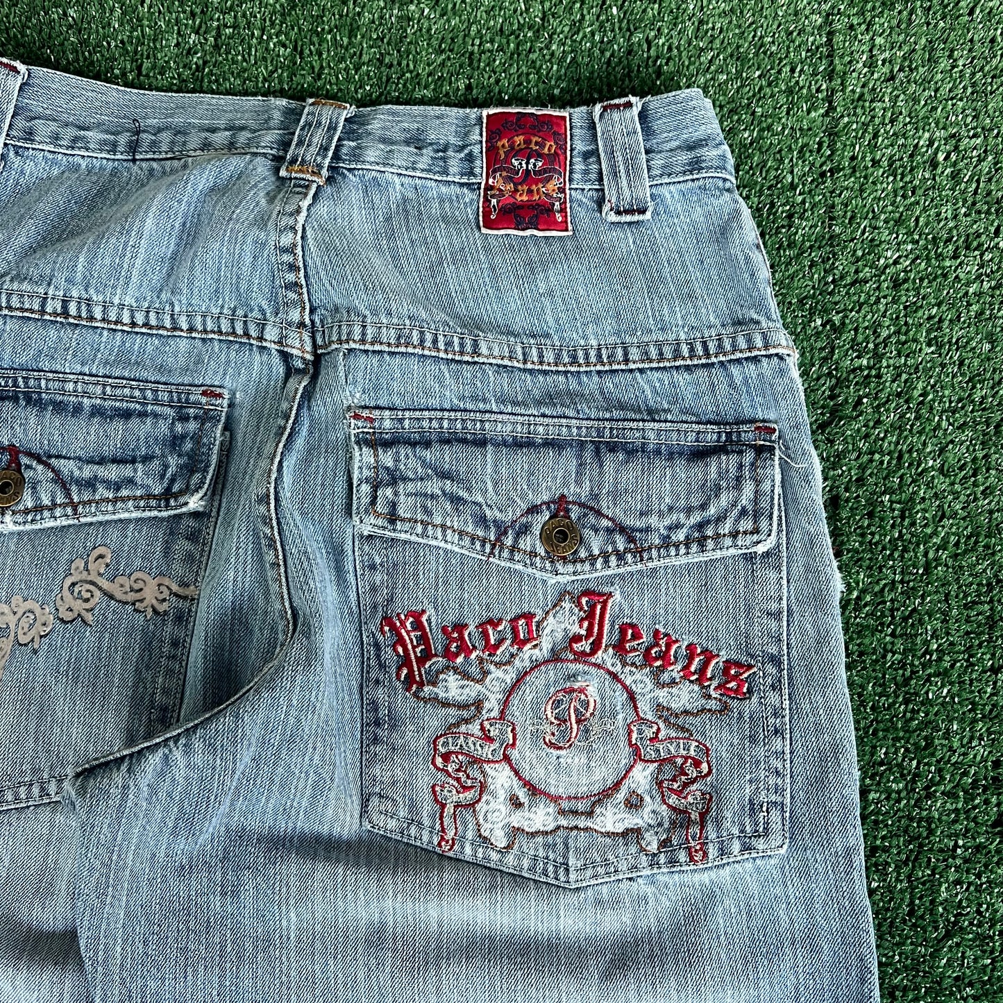 Y2K PACO Jeans Blue Tribal Embroidered Baggy Jeans 30x29.5" 19" Openings