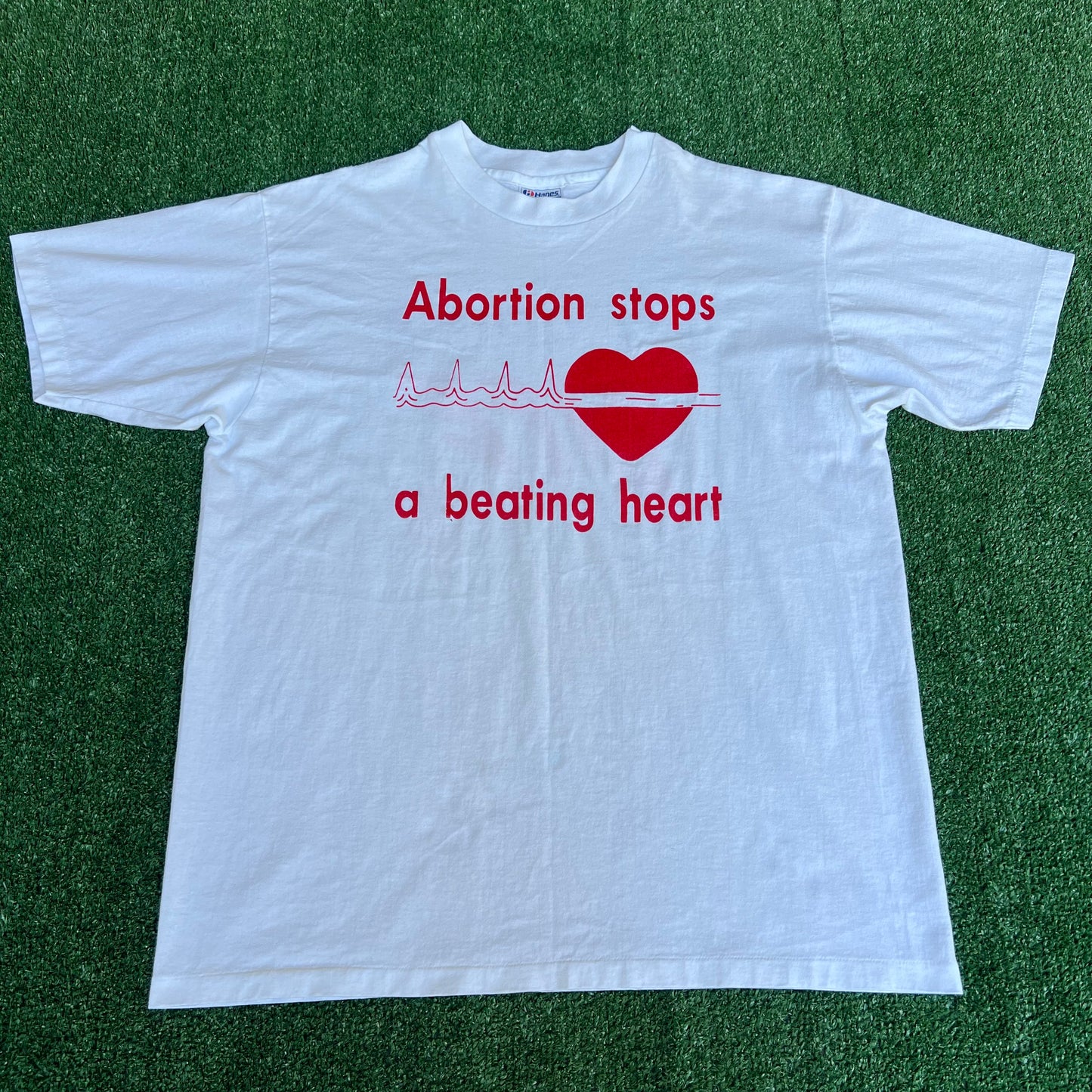 VTG 80s Men's Hanes Pro Life Abortion Heart Beat White SIngle Stitch T-Shirt - XL