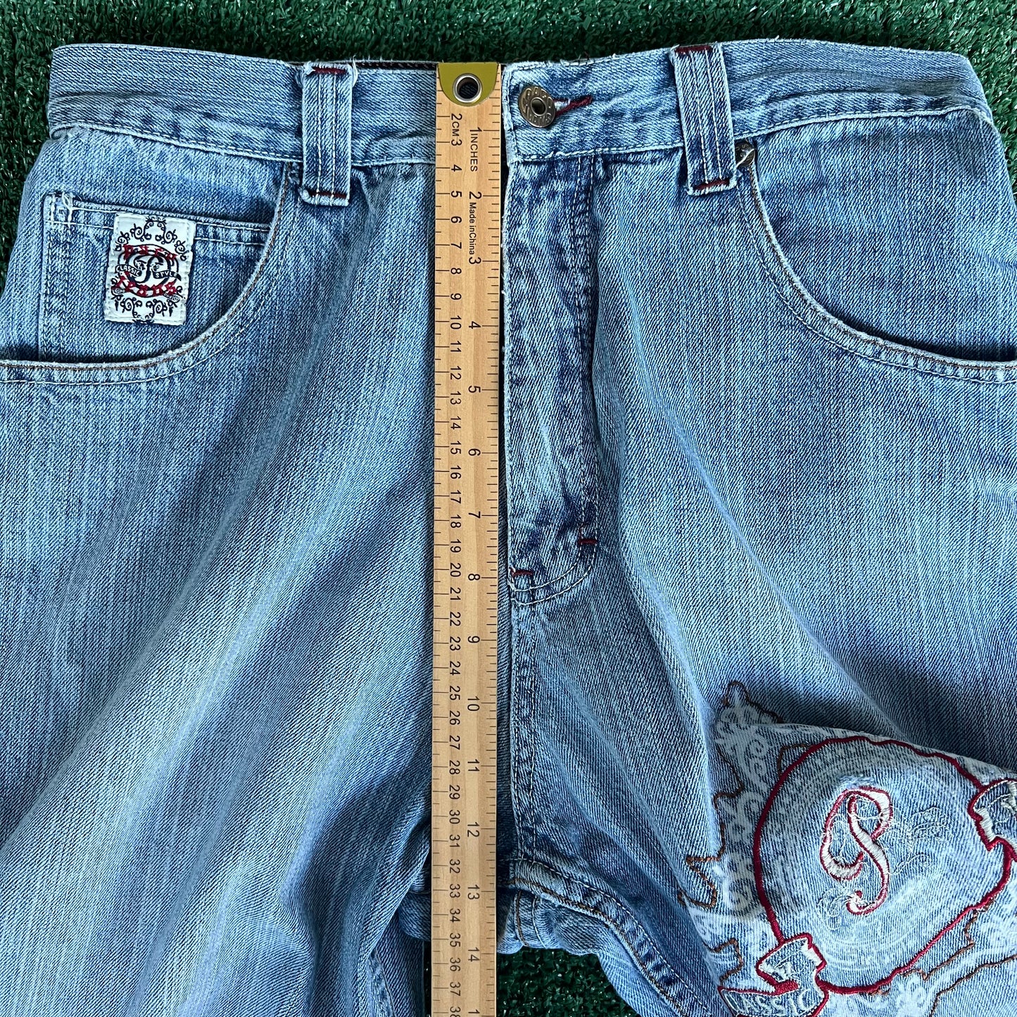Y2K PACO Jeans Blue Tribal Embroidered Baggy Jeans 30x29.5" 19" Openings