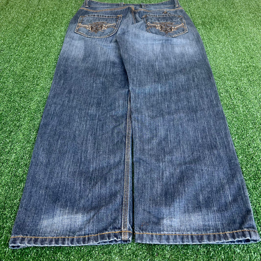 Vintage Y2K Men's DKNY SOHO Relaxed Straight Tribal Embroider Blue Jeans 34x29"