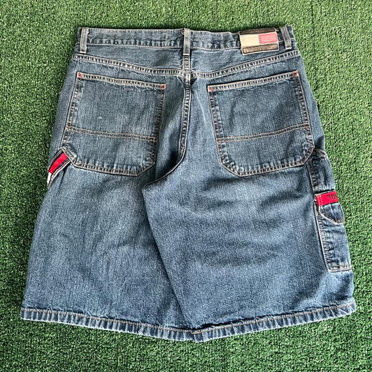 Y2K Tommy Hilfiger Flag Baggy Carpenter Cargo Blue Jean Shorts - 35x12"