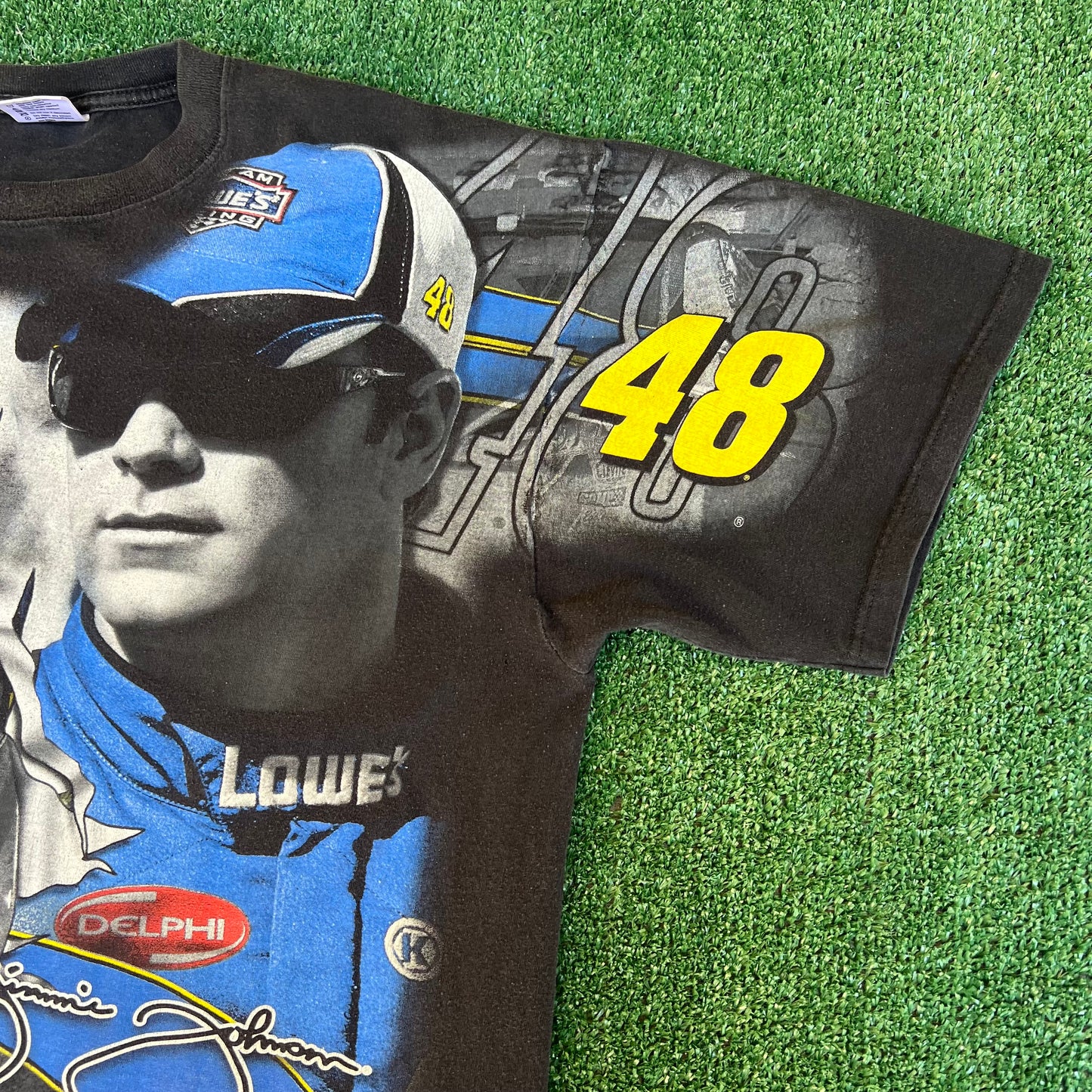 VTG Y2K Mens Chase Authentics Nascar Jimmie Johnson Faded Black AOP T-Shirt - 2XL