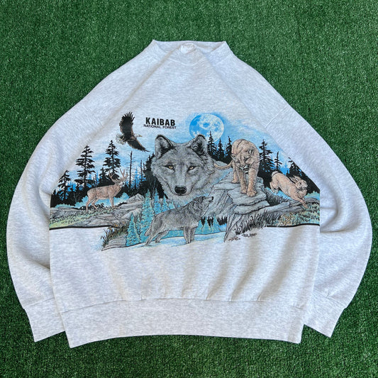 VTG 90s Men's Kaibab National Forest AZ Wolf Wrap Around Print Gray Sweatshirt - XL
