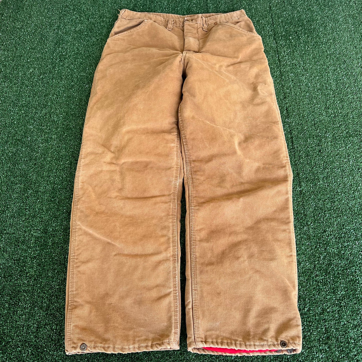 70s Carhartt Brown Canvas Red Lined Quilted Talon Zipper Pants - 32x27.5"