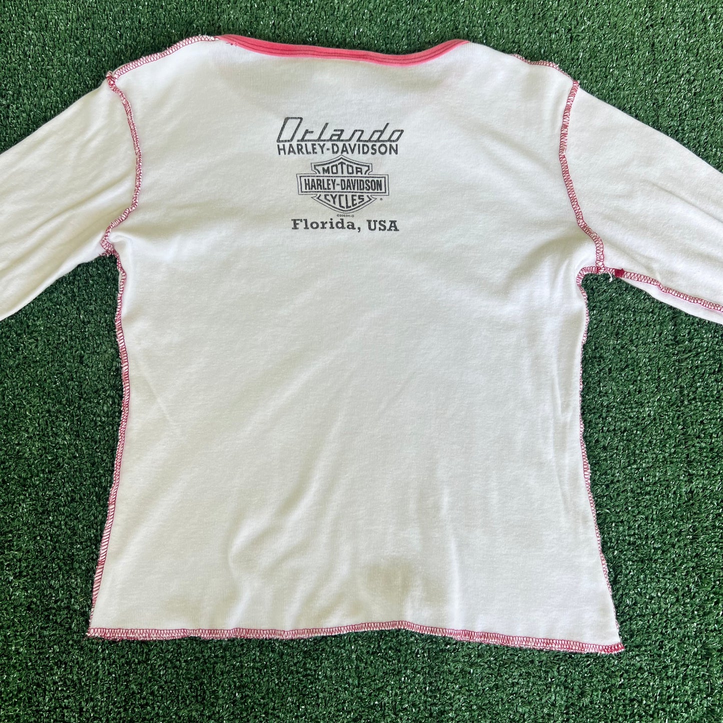 Women's Y2K Harley Davidson V-Neck White Dark Red Long Sleeve Shirt - Small