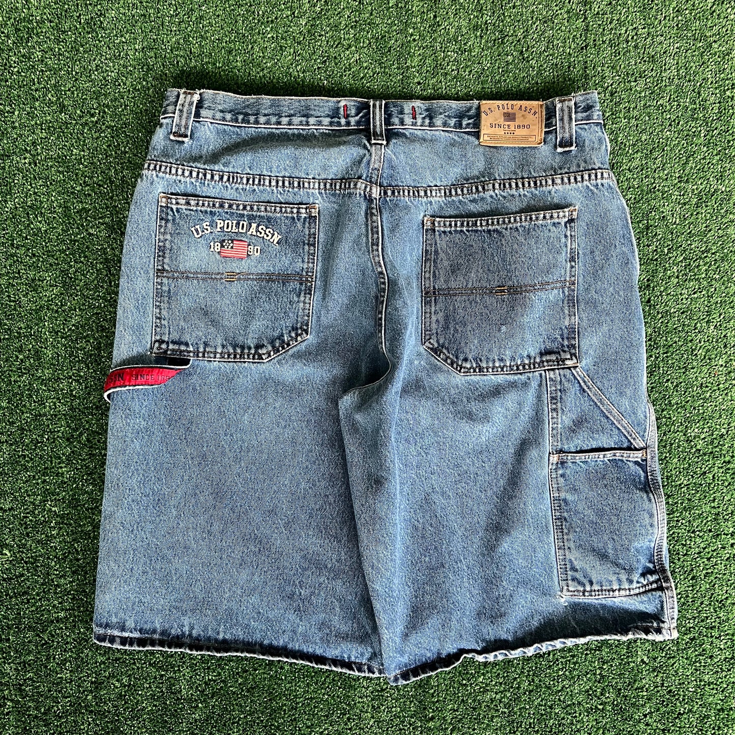 Y2K Men's US Polo Assn Baggy Carpenter Skate Blue Denim Shorts Jorts - 39x13"