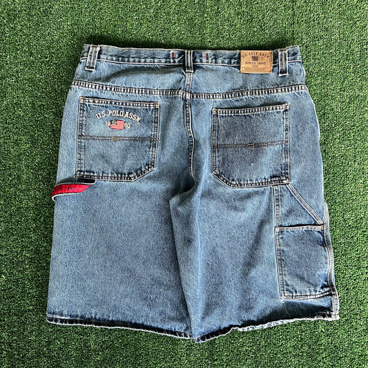 Y2K Men's US Polo Assn Baggy Carpenter Skate Blue Denim Shorts Jorts - 39x13"