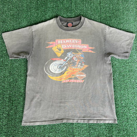 90s Harley-Davidson Motorcycles New Zealand Faded Black Smokey Gray T-Shirt - Large