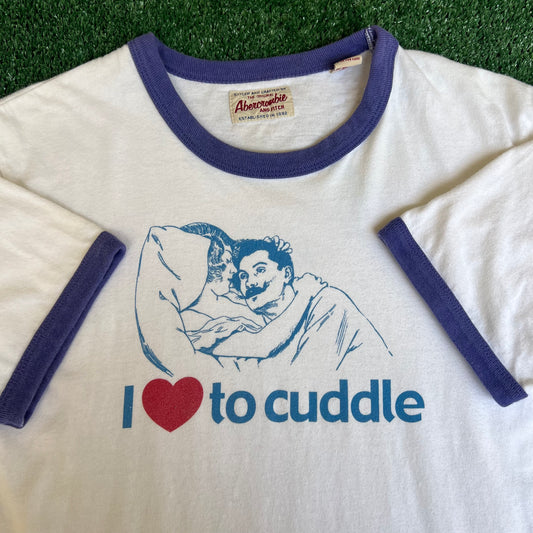 Vintage Y2K Men's Abercrombie Funny I Love To Cuddle White Ringer T-Shirt - Medium