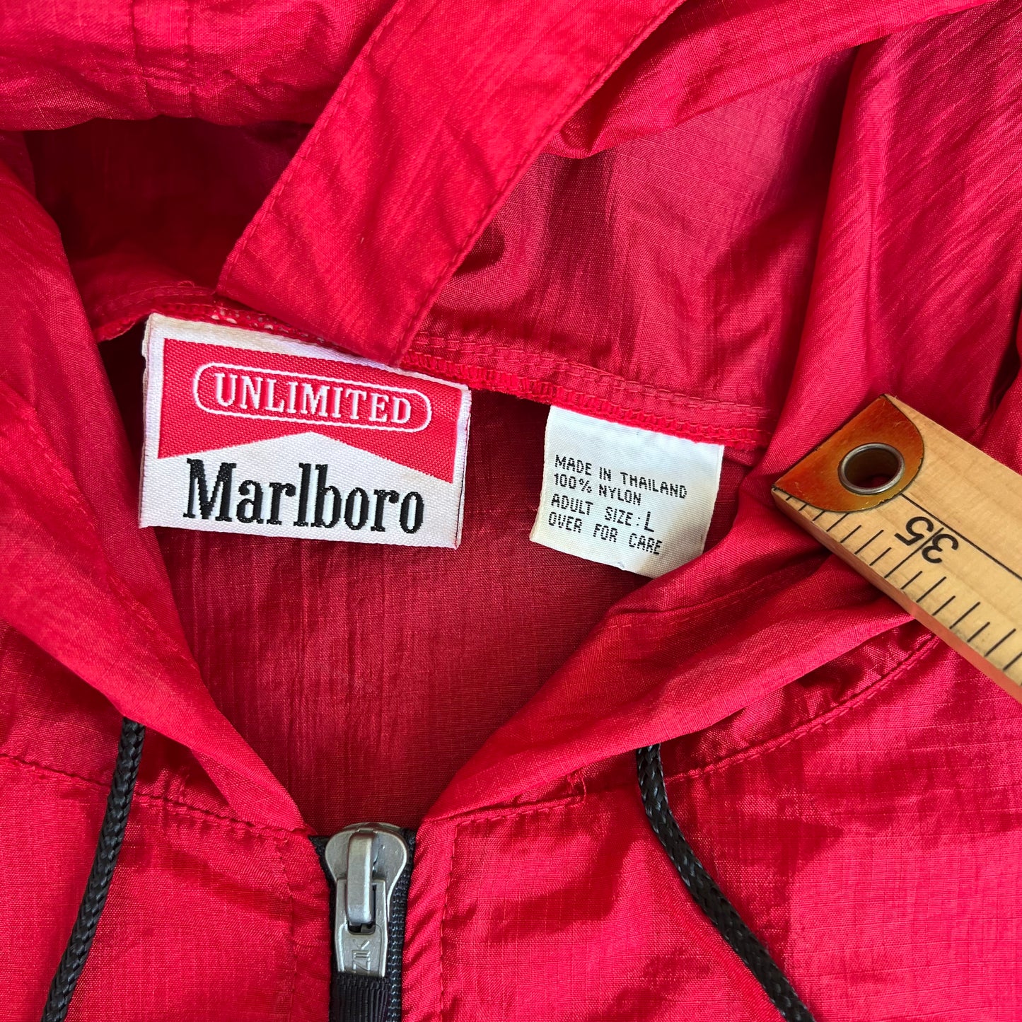 90s Marlboro Cigarettes Packable Red Hooded Windbreaker Jacket - Large