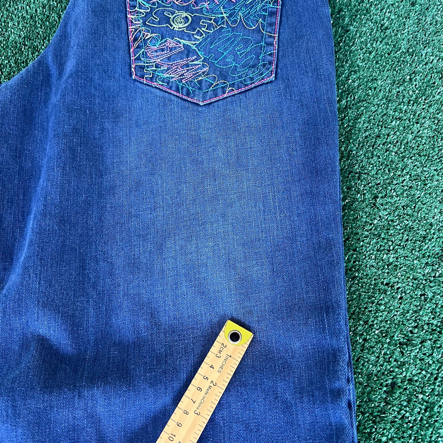 Y2K Songs Of Freedom Dark Blue Baggy Embroidered Jeans - 37x32" 20" Opening
