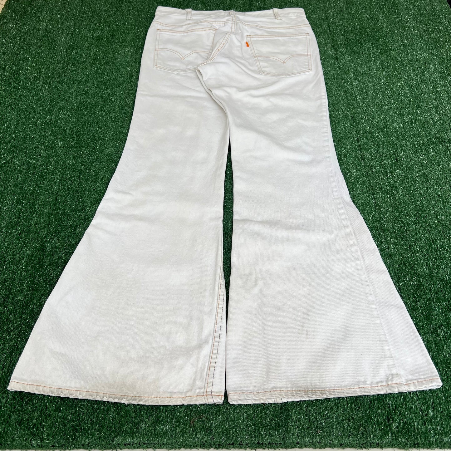 VTG 70s Levi's 684 Big Bell Bottoms Orange Tab Talon Distress White Jeans 32x31"