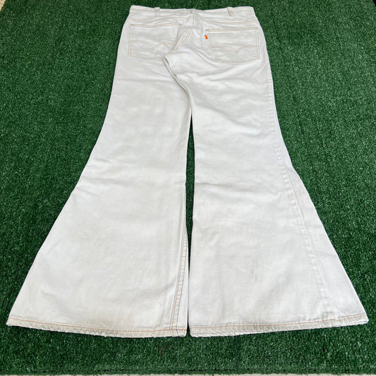 VTG 70s Levi's 684 Big Bell Bottoms Orange Tab Talon Distress White Jeans 32x31"